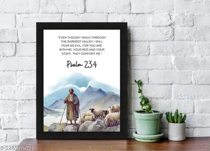 Psalm 23:4 Bible Verse Wall Art, Religious Scripture Print with Shepherd Scene, Black Framed Christian Home Décor