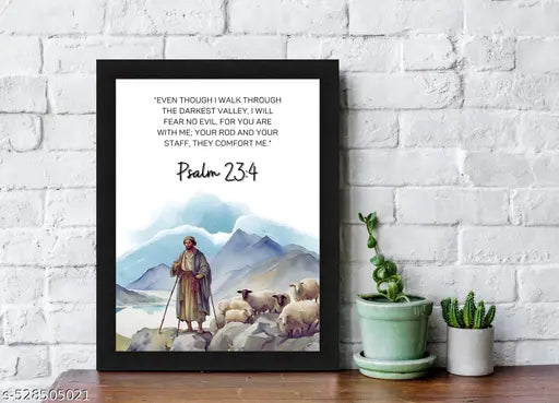 Psalm 23:4 Bible Verse Wall Art, Religious Scripture Print with Shepherd Scene, Black Framed Christian Home Décor