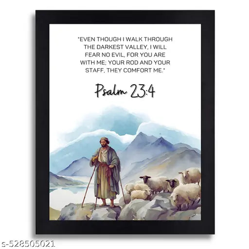 Psalm 23:4 Bible Verse Wall Art, Religious Scripture Print with Shepherd Scene, Black Framed Christian Home Décor