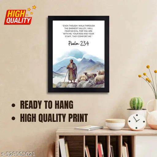 Psalm 23:4 Bible Verse Wall Art, Religious Scripture Print with Shepherd Scene, Black Framed Christian Home Décor