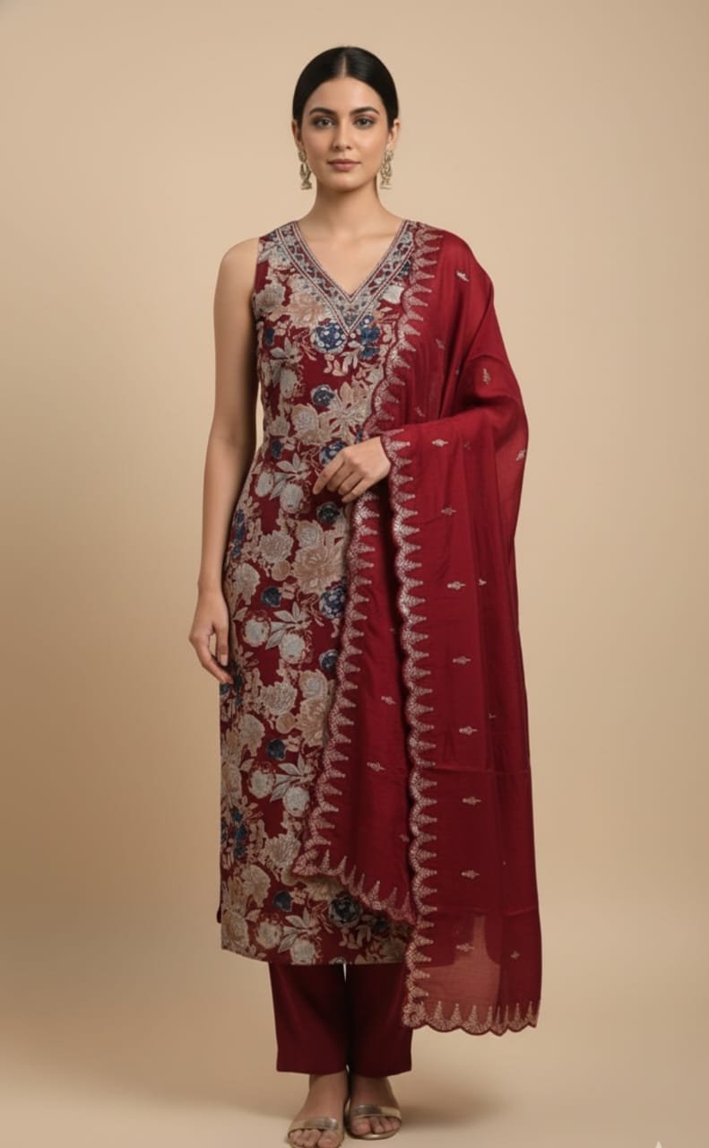 ✨ premium mul chanderi suit – maroon floral | size xl (only 1 piece available!) ✨