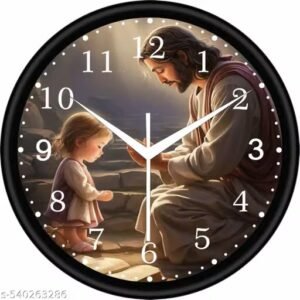 welfare india jesus christ wall clock 25 x 25 cm | decorative christian religious round clock for home, living room & office | black, white & gold