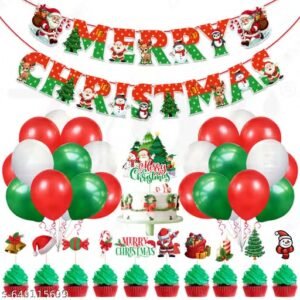 zyozi christmas party decoration set of 37 pieces | festive banner, balloons, cake and cupcake toppers | red, green & white xmas party supplies for home decoration