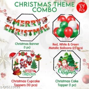 zyozi christmas party decoration set of 37 pieces | festive banner, balloons, cake and cupcake toppers | red, green & white xmas party supplies for home decoration