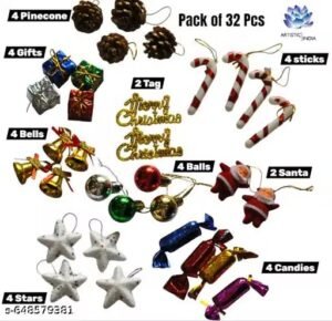artistic india christmas tree ornaments set of 32 pcs | hanging christmas decoration accessories for home, office & balcony