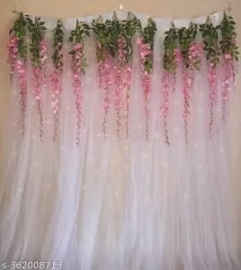 12 pcs christmas decoration items for home | white sheer net curtain, pink wisteria flowers & led lights | diwali, navratri & laxmi pooja decoration