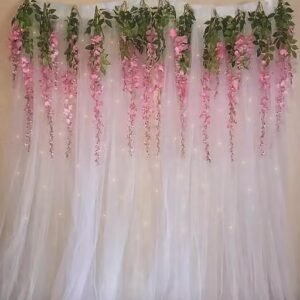 12 pcs christmas decoration items for home | white sheer net curtain, pink wisteria flowers & led lights | diwali, navratri & laxmi pooja decoration