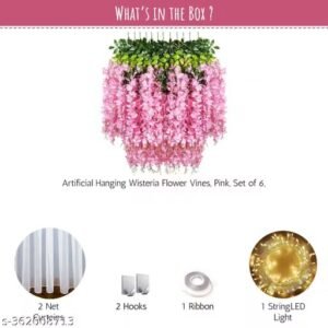 12 pcs christmas decoration items for home | white sheer net curtain, pink wisteria flowers & led lights | diwali, navratri & laxmi pooja decoration
