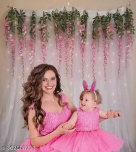12 pcs christmas decoration items for home | white sheer net curtain, pink wisteria flowers & led lights | diwali, navratri & laxmi pooja decoration